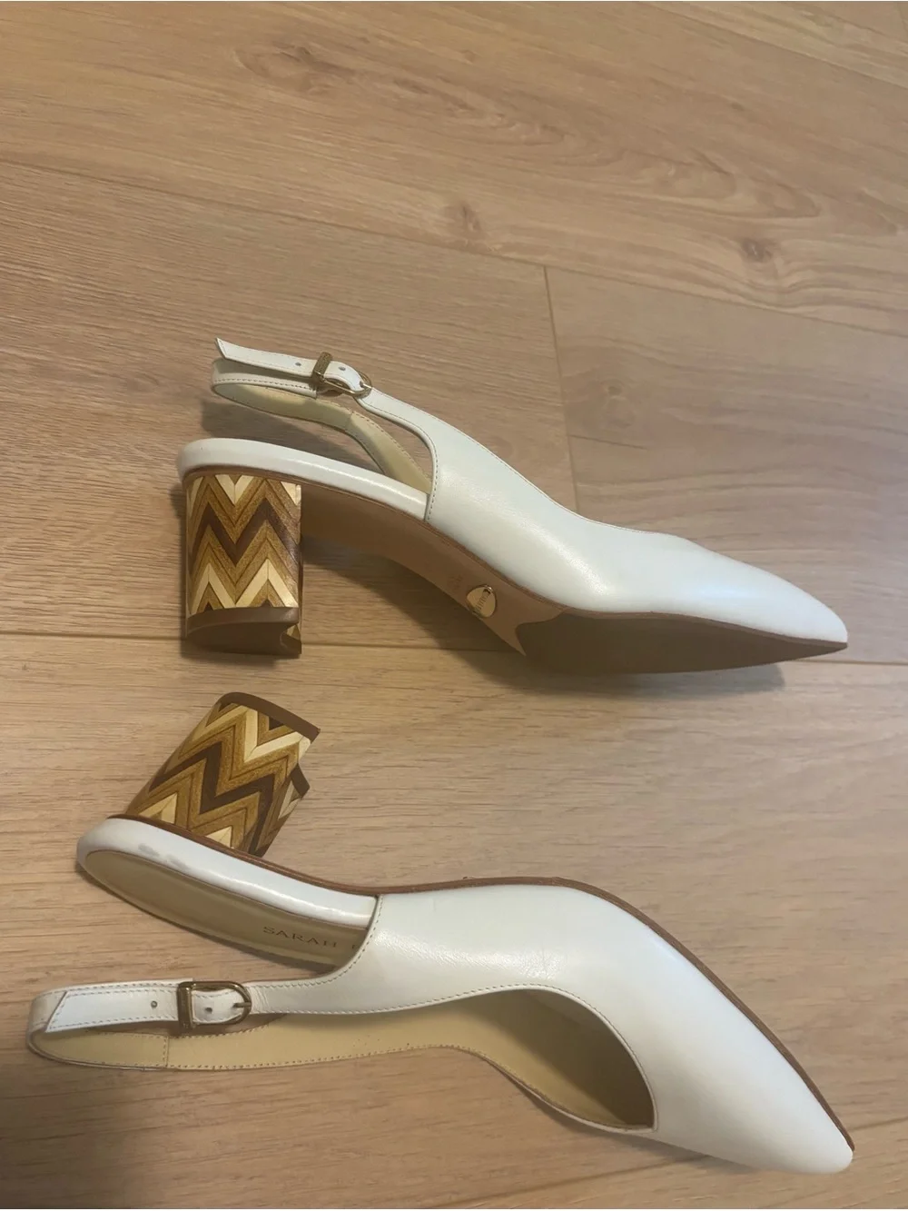 Sarah Flint White Pointed-Toe Slingback Pumps with Patterned Block Heel-Size 9